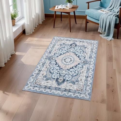 Macgace 2x3 Small Area Rug for Entryway Soft Washable Rugs with NonSlip Backing for Bedroom Kitchen Vintage Throw Carpet Laundry Entry Door Decor Blue Beige - Image 3