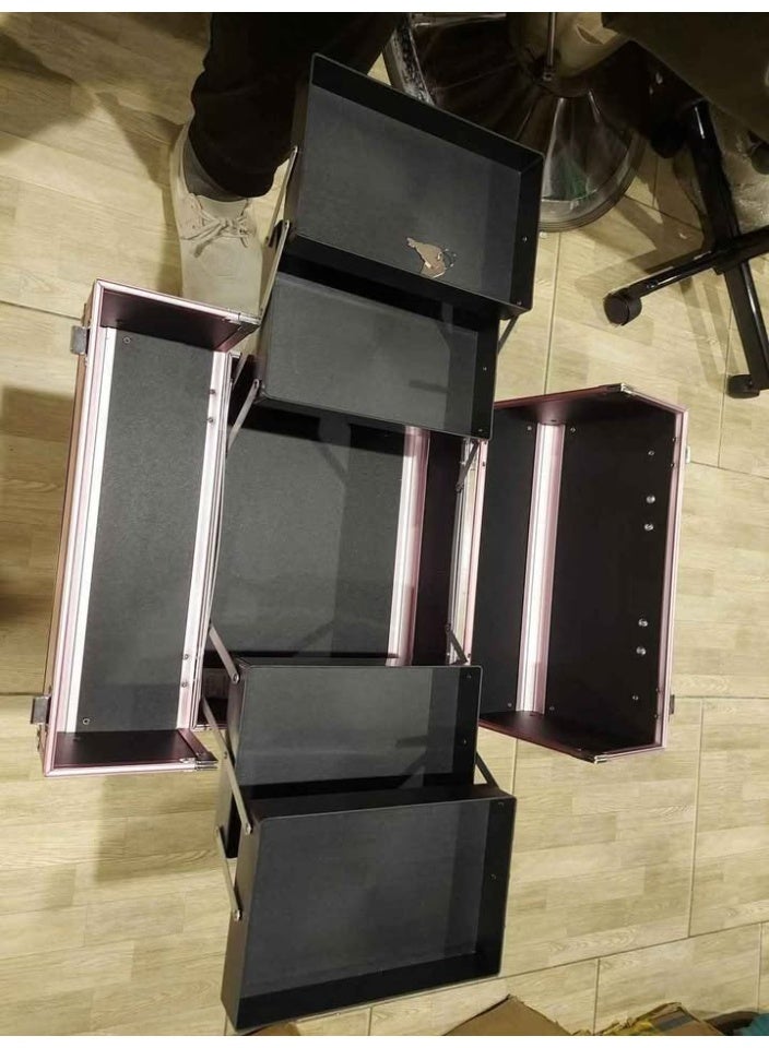 شنطة مستحضرات تجميل للسفر متعددة الوظائف مزودة بمرآة من سويي مكياج محمولة مكونة 4 صواني قابلة للطي لمستحضرات التجميل وفرش المكياج وأدوات الزينة والمجوهرات والملحقات الرقمية - Image 2