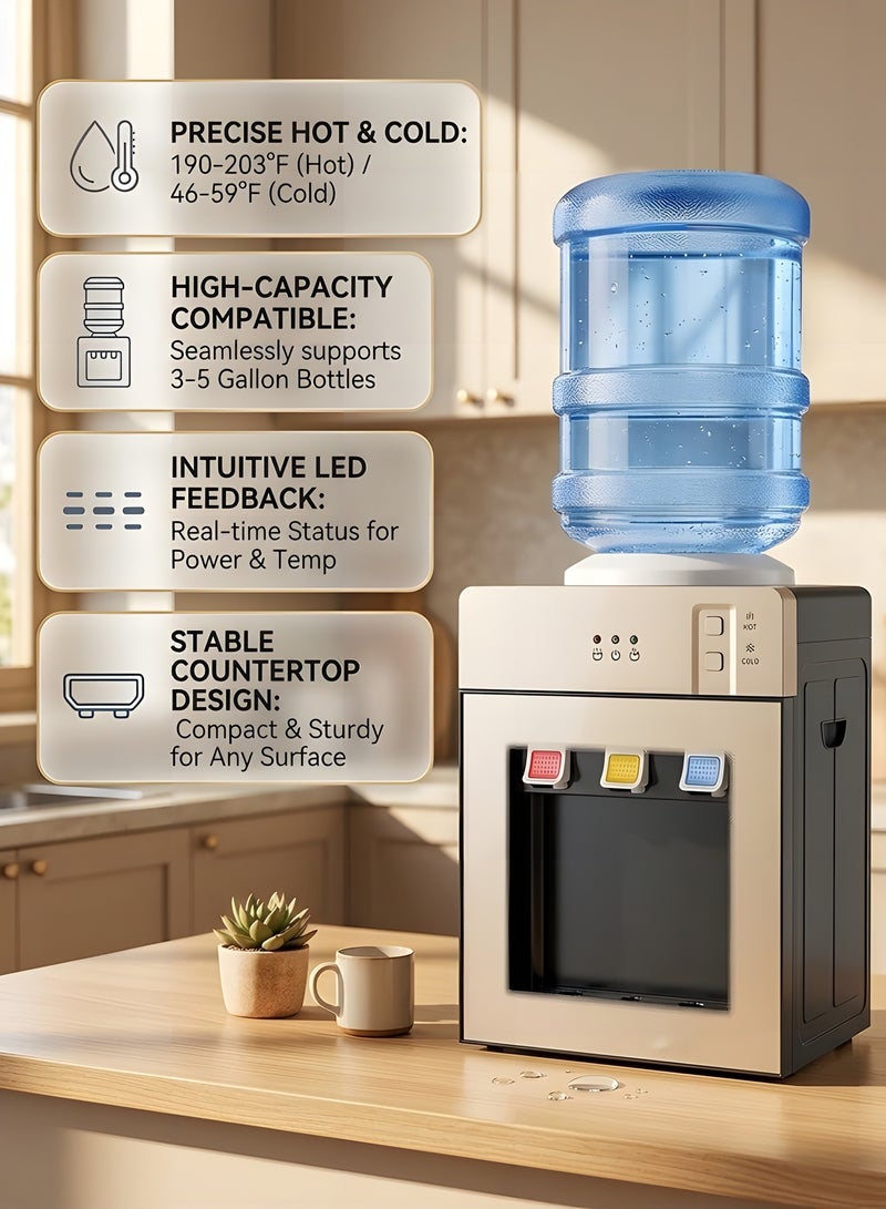 بيوينتي موزع مياه فوق الطاولة   يحمل جالون ماء ٣ أو ٥ جالون   موزع مياه بتعبئة علوية   مبرد مياه بثلاث درجات حرارة   موزع مياه بارد وساخن   مناسب للاستخدام في المنزل أو المكتب أو جانب السرير في السكن   ذهبي - Image 3
