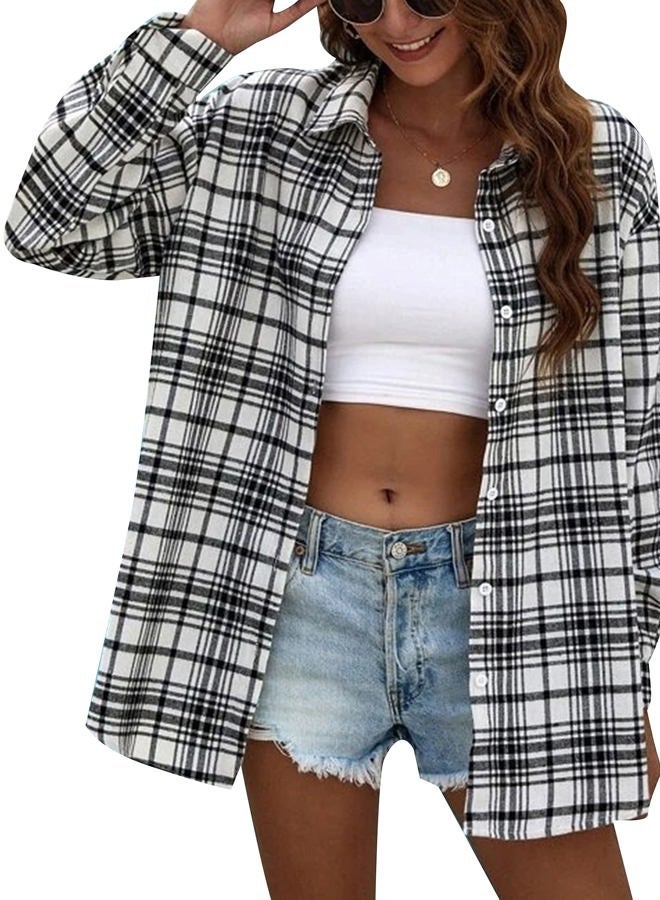 HangNiFang Oversized Flannel Plaid Shirts for Women Long Sleeve Button Down Shirts Blouse, White, S - Image 1