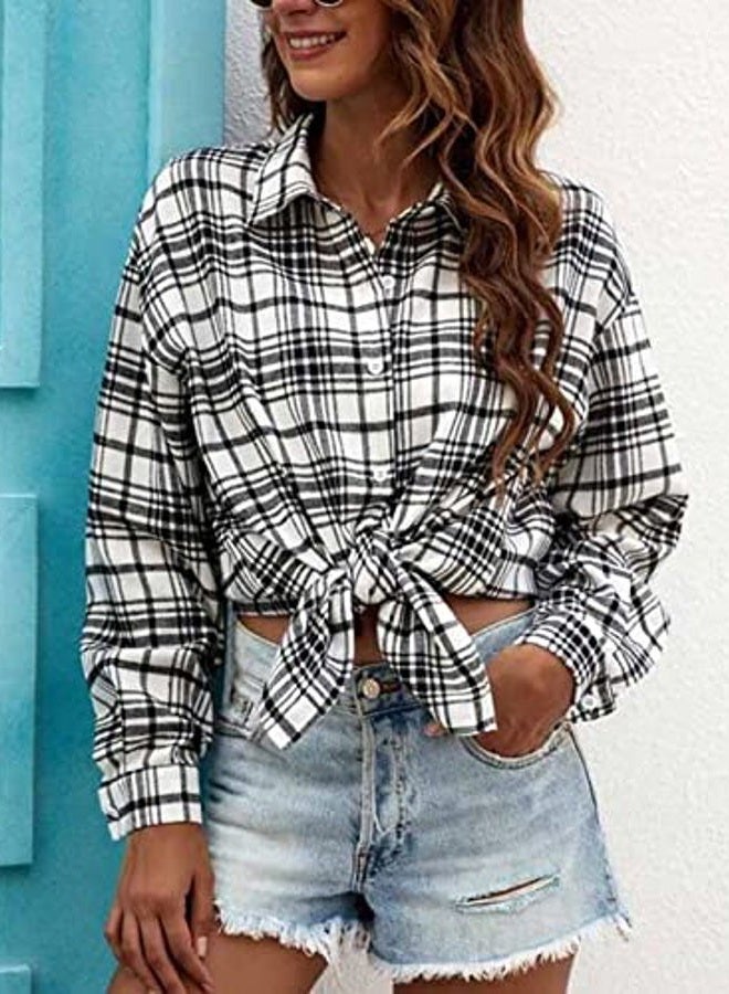 HangNiFang Oversized Flannel Plaid Shirts for Women Long Sleeve Button Down Shirts Blouse, White, S - Image 4