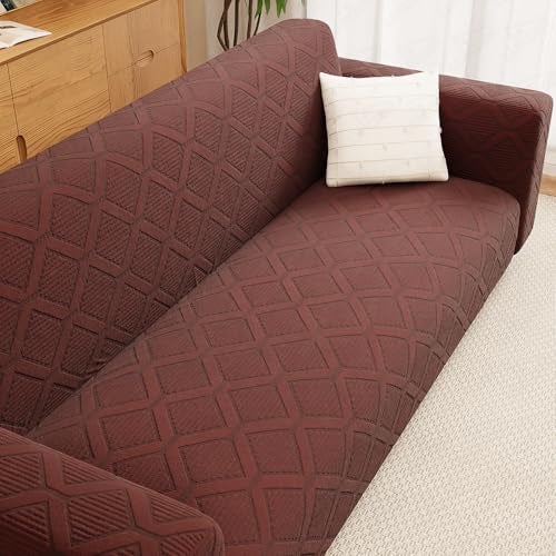 Lukzer 3 Seater Pastel Deep Maroon Diamond Pattern Sofa Cover | 240 GSM Universal Stretch Fit Jacquard Fabric Couch Protector | Fully Covered Anti Slip & Washable Sofa Cover | (180-230cm/SC-158-03) - Image 1