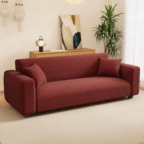 Lukzer 3 Seater Pastel Deep Maroon Diamond Pattern Sofa Cover | 240 GSM Universal Stretch Fit Jacquard Fabric Couch Protector | Fully Covered Anti Slip & Washable Sofa Cover | (180-230cm/SC-158-03) - Image 3