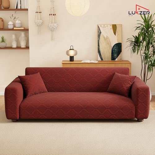 Lukzer 3 Seater Pastel Deep Maroon Diamond Pattern Sofa Cover | 240 GSM Universal Stretch Fit Jacquard Fabric Couch Protector | Fully Covered Anti Slip & Washable Sofa Cover | (180-230cm/SC-158-03) - Image 4
