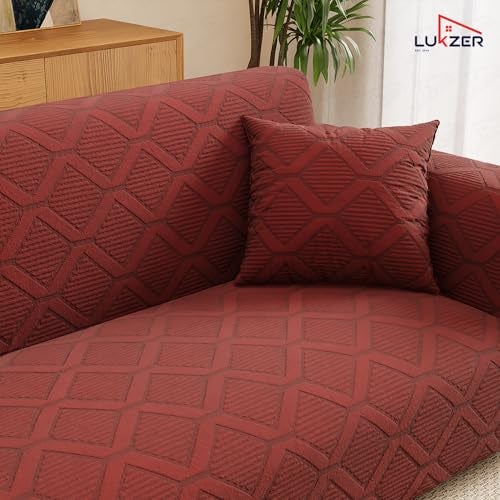 Lukzer 3 Seater Pastel Deep Maroon Diamond Pattern Sofa Cover | 240 GSM Universal Stretch Fit Jacquard Fabric Couch Protector | Fully Covered Anti Slip & Washable Sofa Cover | (180-230cm/SC-158-03) - Image 5