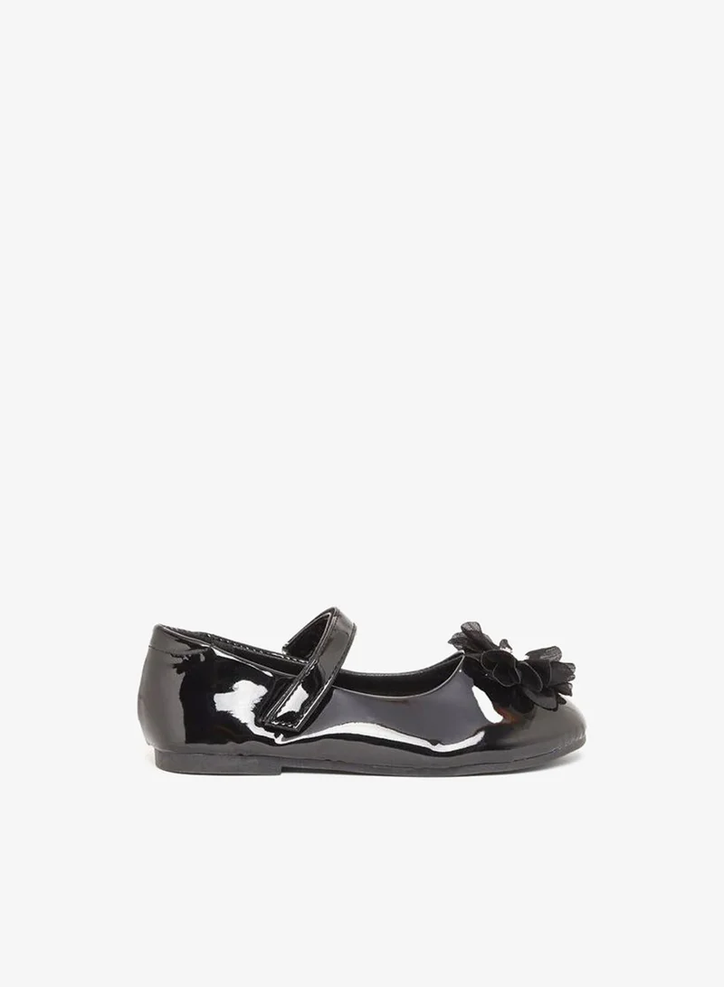 Styli Black Patent Ballerinas with Flower Detail