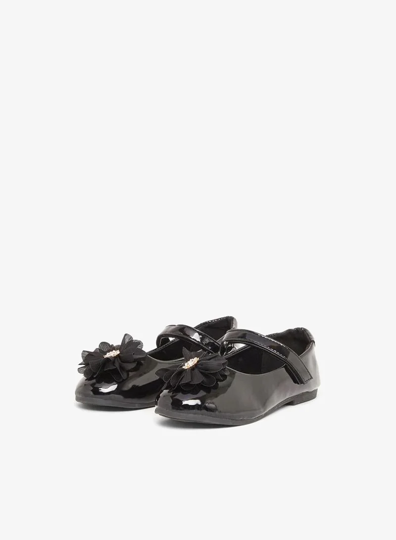 Styli Black Patent Ballerinas with Flower Detail