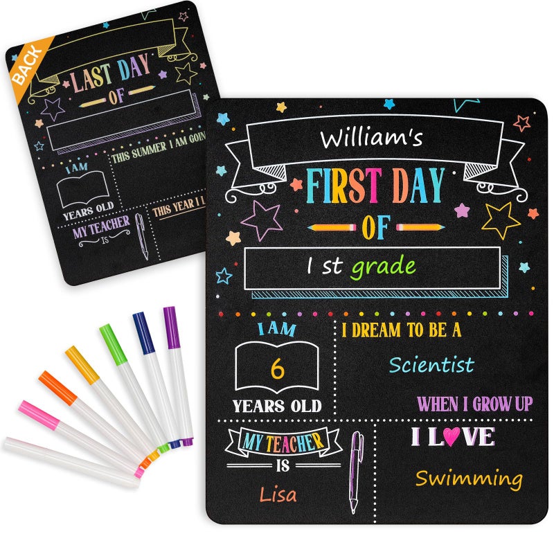 4 THOUGHT First & Last Day of School Chalkboard Sign- 11x14 Inch Double-Sided Reusable Chalk Board Signs for Kids, Back to School Photo Prop for Kindergarten Preschool, Icluding 7 Markers - Image 1