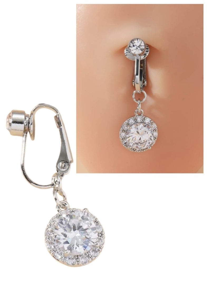 Stainless Steel Navel Ring, Cubic Zirconia Round Decor Belly Button Ring for Women - Image 1