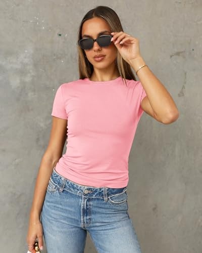 Abardsion Women's Casual Basic Going Out Crop Tops Slim Fit Short Sleeve Crew Neck Tight T Shirts 2025 (Light Pink, S) - Image 3