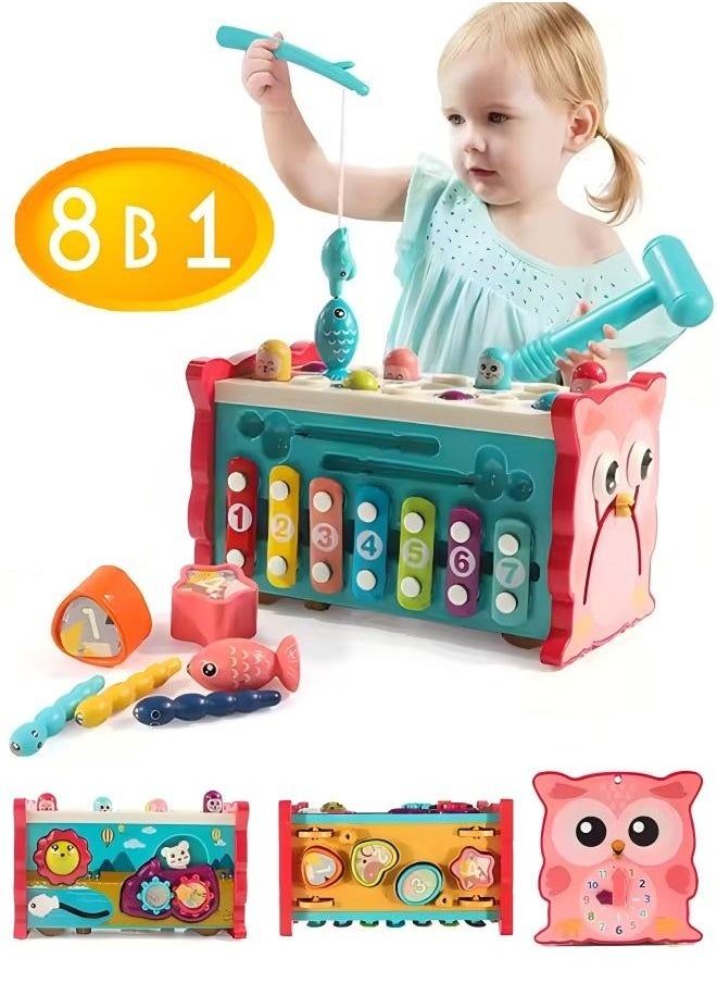 Hammering Toys Hammering Pounding Toys 8-In-1 Pounding Toys For Toddlers Hammering Montessori Toys Activity Cube Baby Toys Pull Along Bus Whack-A-Mole Fishing, Xylophone & More, Shape Sorting, Interactive & Educational Play Educational Toy For Boys And Girls  - Image 1