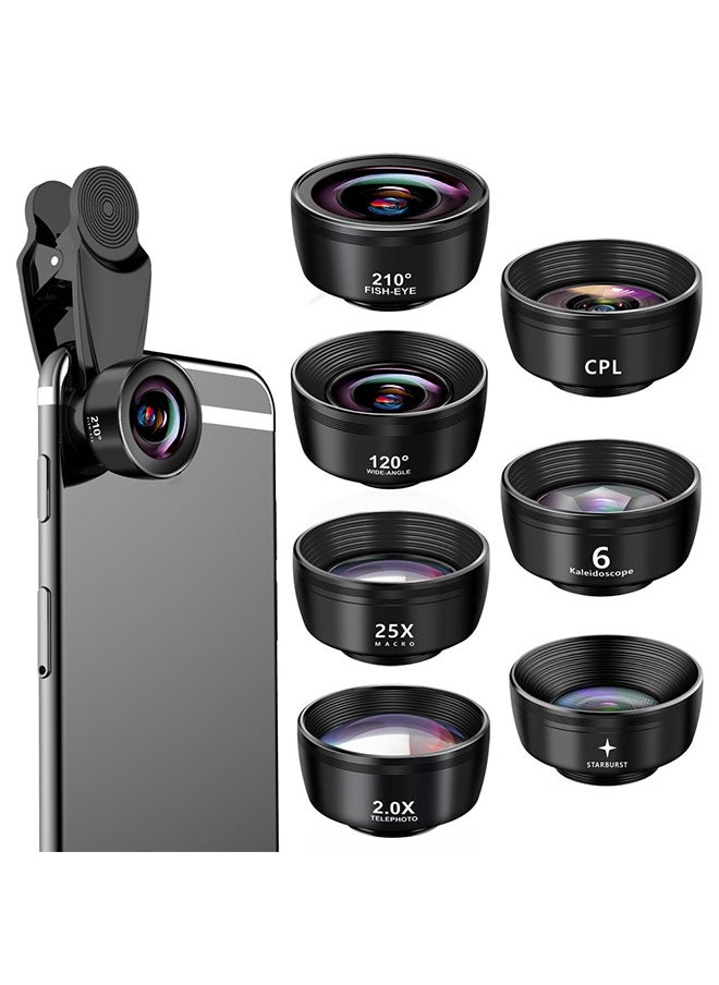 ESSAGER - 7pcs Pro Cinema Wide Camera Lens for Mobile Phones with Storage Box - 198 Hd Fisheye + 0.63x Wide Angle + 15x Macro + 2x Portrait Lens + Cpl Polarizing Filter + Kaleidoscope Lens + Starlight Lens - Image 1