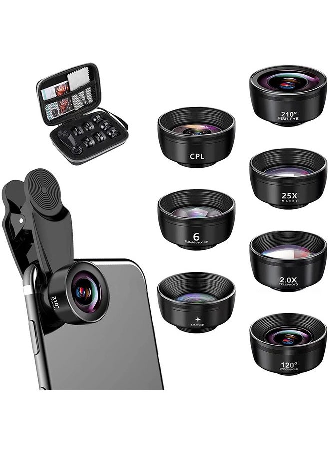 ESSAGER - 7pcs Pro Cinema Wide Camera Lens for Mobile Phones with Storage Box - 198 Hd Fisheye + 0.63x Wide Angle + 15x Macro + 2x Portrait Lens + Cpl Polarizing Filter + Kaleidoscope Lens + Starlight Lens - Image 1