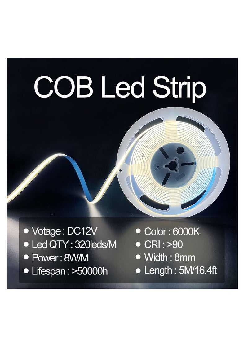 SOLARAE LED Strip Lights, White, 6000K, DC12V 16.4ft/5M 320leds/M CRI90 Flexible LED Tape 8mm, for Indoor Home Cabinet, Bedroom, Kitchen, Stage, Backlight DIY Lighting (without Power Supply) - Image 3
