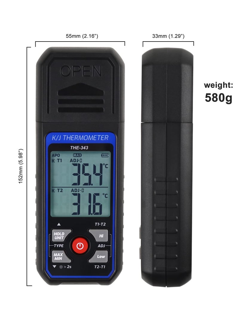 K/J Type Thermocouple Dual Channel Thermometer, T1-T2 Channel Temperature Measurement Wide Range Digital Thermometer with Backlight and Thermocouple Temperature Compensation - Image 3