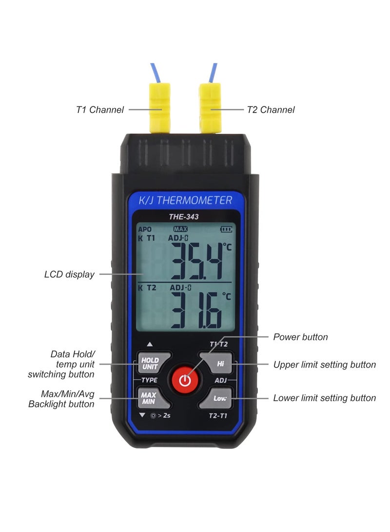 K/J Type Thermocouple Dual Channel Thermometer, T1-T2 Channel Temperature Measurement Wide Range Digital Thermometer with Backlight and Thermocouple Temperature Compensation - Image 2