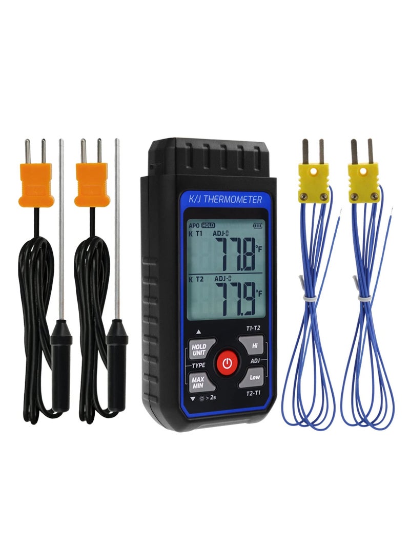 K/J Type Thermocouple Dual Channel Thermometer, T1-T2 Channel Temperature Measurement Wide Range Digital Thermometer with Backlight and Thermocouple Temperature Compensation - Image 1