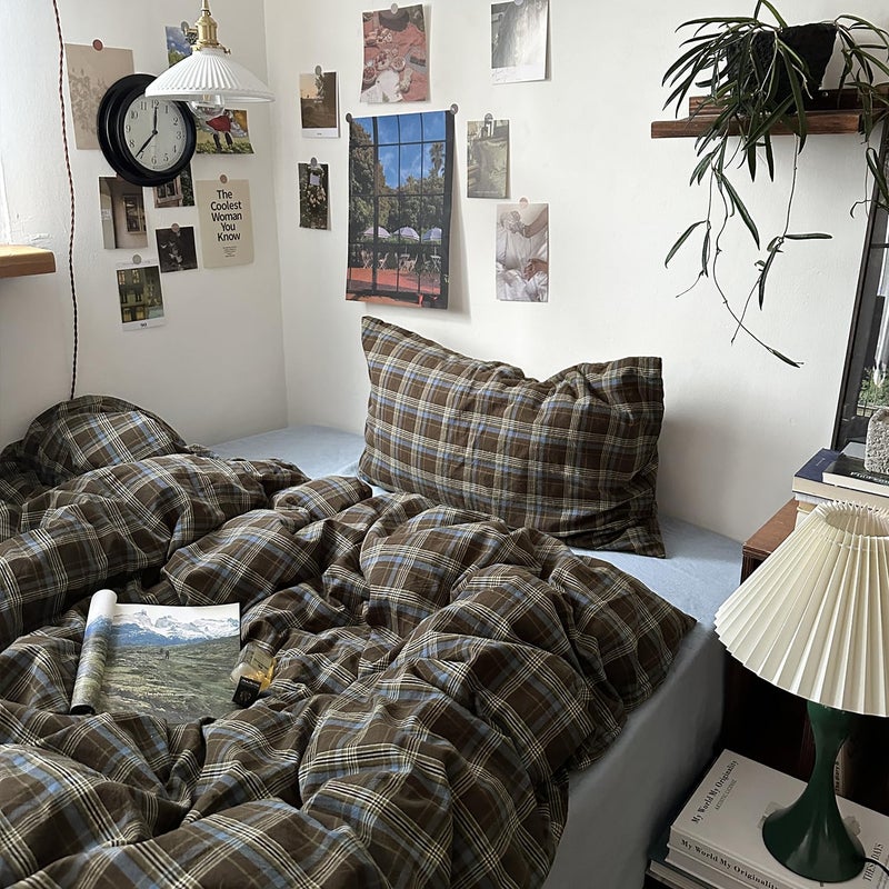 MKXI Queen Size Blue, Brown & Green Buffalo Plaid Duvet Cover Set - 3 Piece Vintage Aesthetic Bedding Set, 100% Washed Cotton, Minimalist Design, Soft & Breathable Duvet Cover with Zipper Closure - Image 4