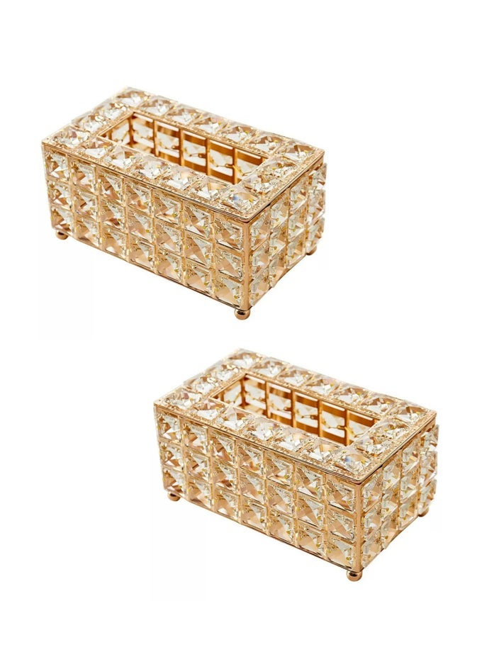 2 PCS CRYSTAL TISSUE BOX, EUROPEAN STYLE TISSUE HOLDER COVER, CREATIVE RECTANGULAR FACIAL NAPKIN CONTAINER, TABLETOP PAPER DISPENSER CASE FOR DESK TABLE BATHROOM DECOR HOME OFFICE RESTAURANT (GOLDEN)