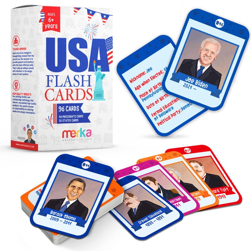 Merka US Presidents State Capitals Flash Cards 96Pack Multicolor 35 x 25 in Educational Flashcards for Kids Homeschool Learning Games - Image 4