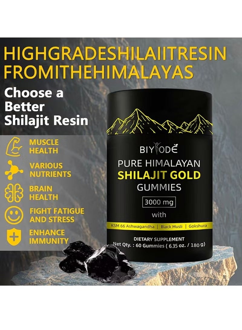 BIYODE Pure Himalayan Shilajit Gummies Gold Lab Tested No Added Sugar Ashwagandha Gokshura Fulvic Acid 60 Trace Minerals for Men Women Non-GMO 100% Natural Organic 60 Gummy - Image 2