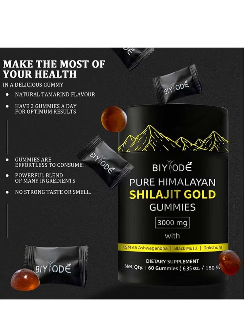 BIYODE Pure Himalayan Shilajit Gummies Gold Lab Tested No Added Sugar Ashwagandha Gokshura Fulvic Acid 60 Trace Minerals for Men Women Non-GMO 100% Natural Organic 60 Gummy - Image 5