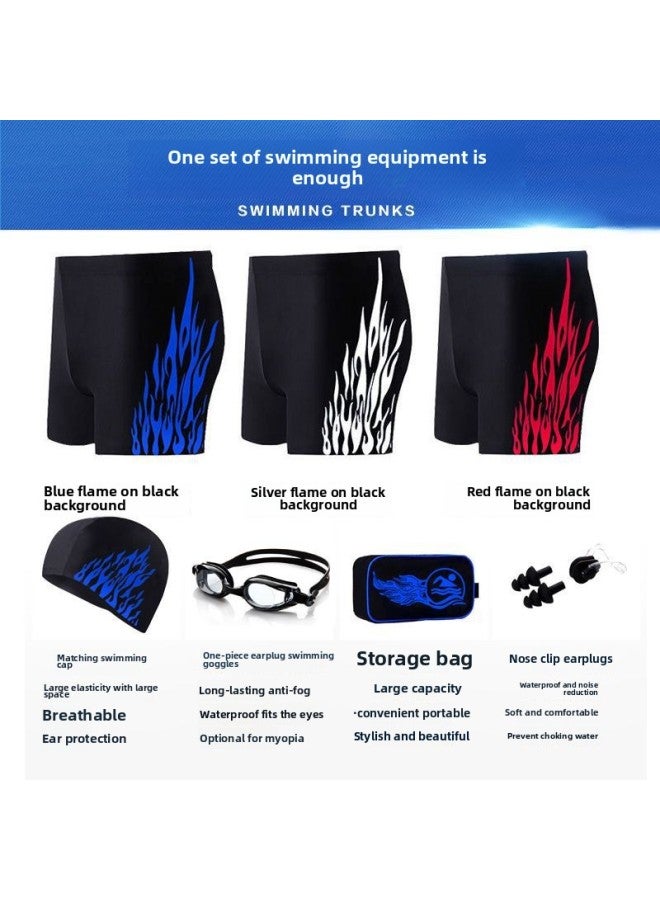 إسكدنيا سراويل السباحة للرجال البالغين مضادة للإحراج بمقاس كبير، سراويل سباحة للرجال سريعة الجفاف فضفاضة للربيع الساخن - اللون: سراويل سباحة زرقاء النار + قبعة سباحة (مجموعة من قطعتين) - - Image 4