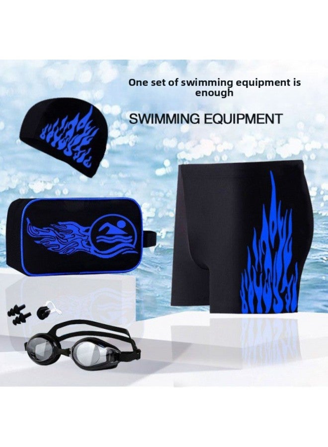 إسكدنيا سراويل السباحة للرجال البالغين مضادة للإحراج بمقاس كبير، سراويل سباحة للرجال سريعة الجفاف فضفاضة للربيع الساخن - اللون: سراويل سباحة زرقاء النار + قبعة سباحة (مجموعة من قطعتين) - - Image 3