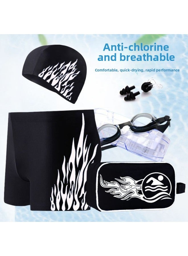 إسكدنيا سراويل السباحة للرجال البالغين مضادة للإحراج بمقاس كبير، سراويل سباحة للرجال سريعة الجفاف فضفاضة للربيع الساخن - اللون: سراويل سباحة زرقاء النار + قبعة سباحة (مجموعة من قطعتين) - - Image 2