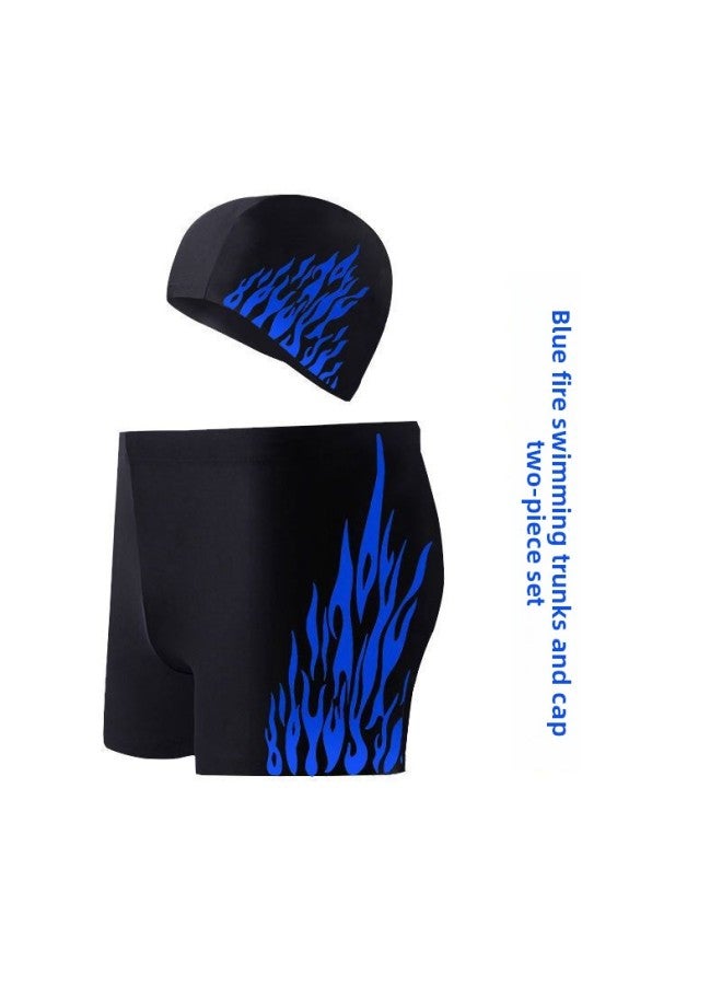 إسكدنيا سراويل السباحة للرجال البالغين مضادة للإحراج بمقاس كبير، سراويل سباحة للرجال سريعة الجفاف فضفاضة للربيع الساخن - اللون: سراويل سباحة زرقاء النار + قبعة سباحة (مجموعة من قطعتين) - - Image 1