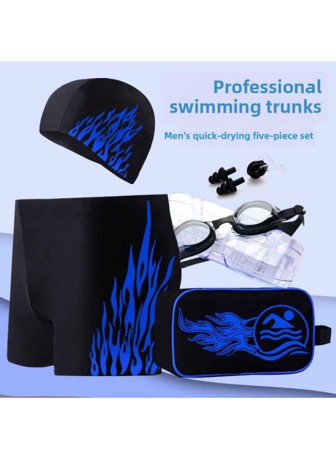إسكدنيا سراويل السباحة للرجال البالغين مضادة للإحراج بمقاس كبير، سراويل سباحة للرجال سريعة الجفاف فضفاضة للربيع الساخن - اللون: سراويل سباحة زرقاء النار + قبعة سباحة (مجموعة من قطعتين) - - Image 5