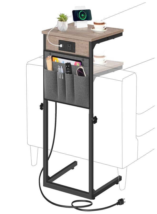 HOOBRO C Shaped End Table with Charging Station, 30” Adjustable Height Sofa Side Table with Storage Pocket, Slide Under Couch Table for Sofa Arm Tray, for Living Room, Bedroom, Greige BG77USF01 - Image 1