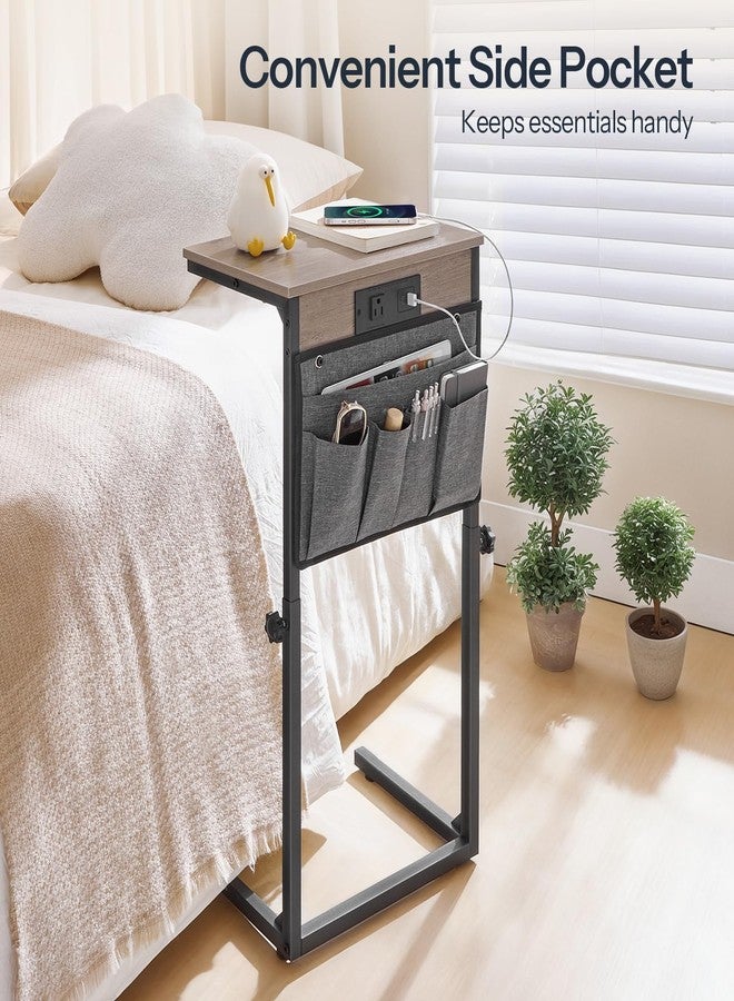 HOOBRO C Shaped End Table with Charging Station, 30” Adjustable Height Sofa Side Table with Storage Pocket, Slide Under Couch Table for Sofa Arm Tray, for Living Room, Bedroom, Greige BG77USF01 - Image 4