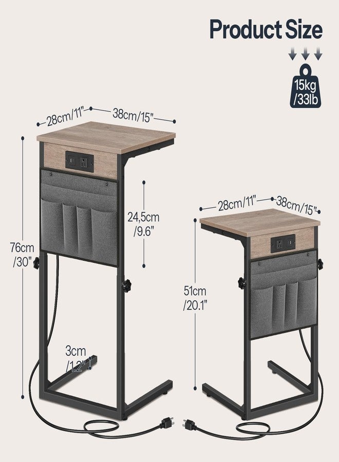 HOOBRO C Shaped End Table with Charging Station, 30” Adjustable Height Sofa Side Table with Storage Pocket, Slide Under Couch Table for Sofa Arm Tray, for Living Room, Bedroom, Greige BG77USF01 - Image 3