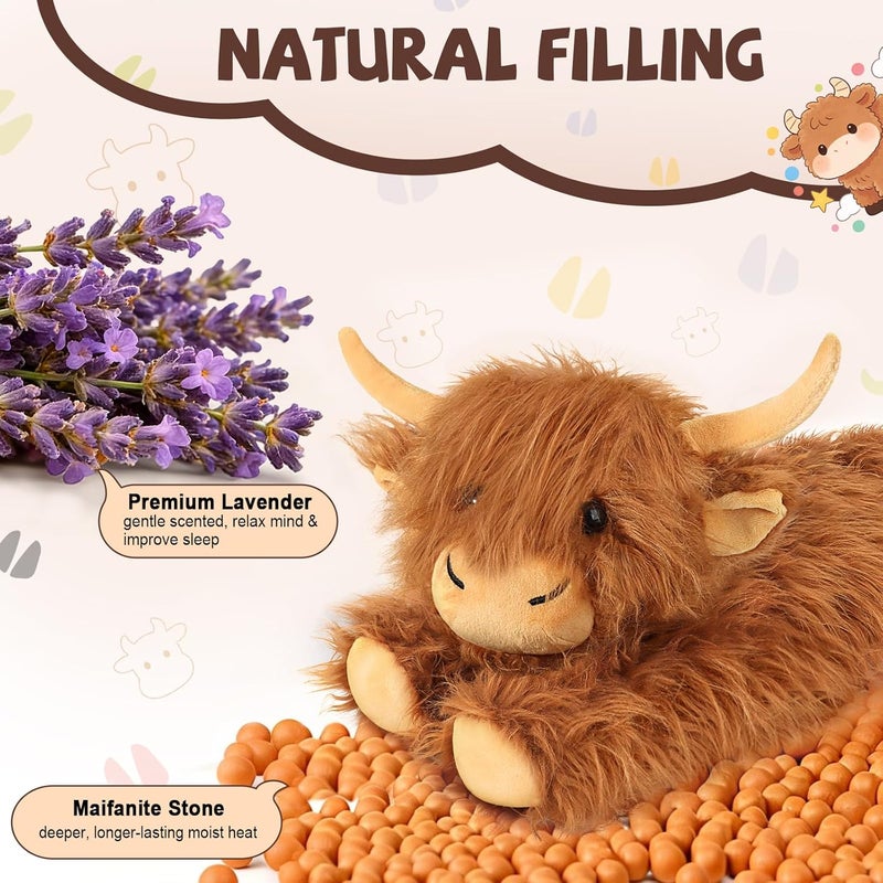 JILPAK Highland Cow Stuffed Animals - Heatable Weighted Stuffed Animals, Lavender Scented Cow Plush for Sooth & Relax, Microwave Heating Pad for Period Cramps Pain & Stress Relief, Highland Cow Gifts （Brown） - Image 5