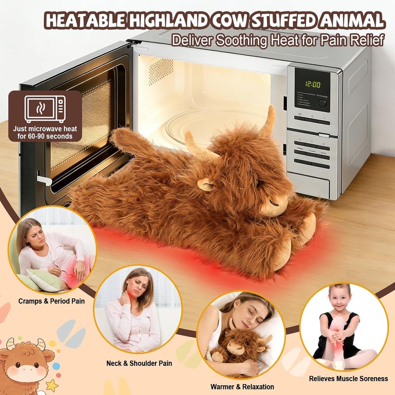 JILPAK Highland Cow Stuffed Animals - Heatable Weighted Stuffed Animals, Lavender Scented Cow Plush for Sooth & Relax, Microwave Heating Pad for Period Cramps Pain & Stress Relief, Highland Cow Gifts （Brown） - Image 4