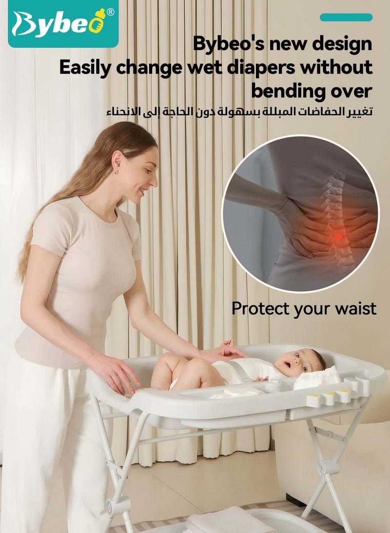 بيبو طاولة تغيير حفاضات الأطفال 2 في 1 وحوض استحمام للأطفال، محطة حفاضات الأطفال بارتفاع قابل للتعديل مع وسادة حفاضات سميكة، رف ألعاب وعجلات، منظم حضانة محمول لمستلزمات حديثي الولادة - Image 3