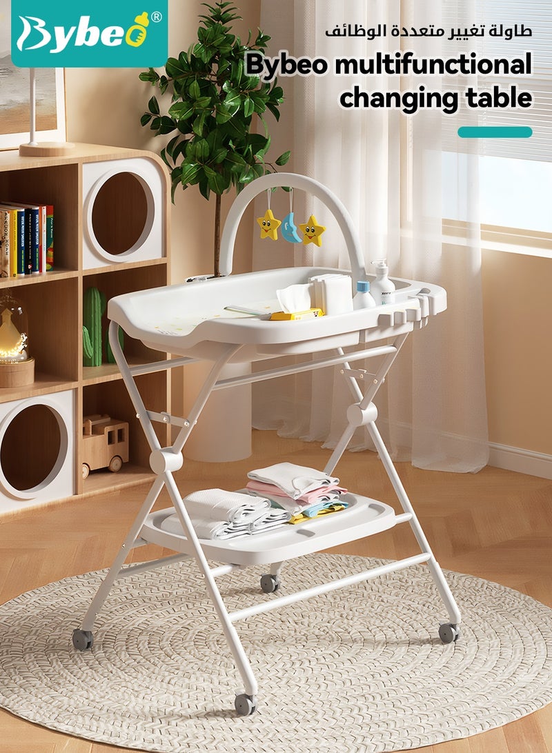 بيبو طاولة تغيير حفاضات الأطفال 2 في 1 وحوض استحمام للأطفال، محطة حفاضات الأطفال بارتفاع قابل للتعديل مع وسادة حفاضات سميكة، رف ألعاب وعجلات، منظم حضانة محمول لمستلزمات حديثي الولادة - Image 2