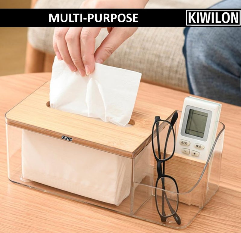 Kiwilon Multi-Purpose Tissue Paper Holder Box - Transparent PET | Comes Up with Remote Holder-Cosmetic Holder and Bamboo Lid | Durable Material Made | Stylish & Modern (Black) - Image 2