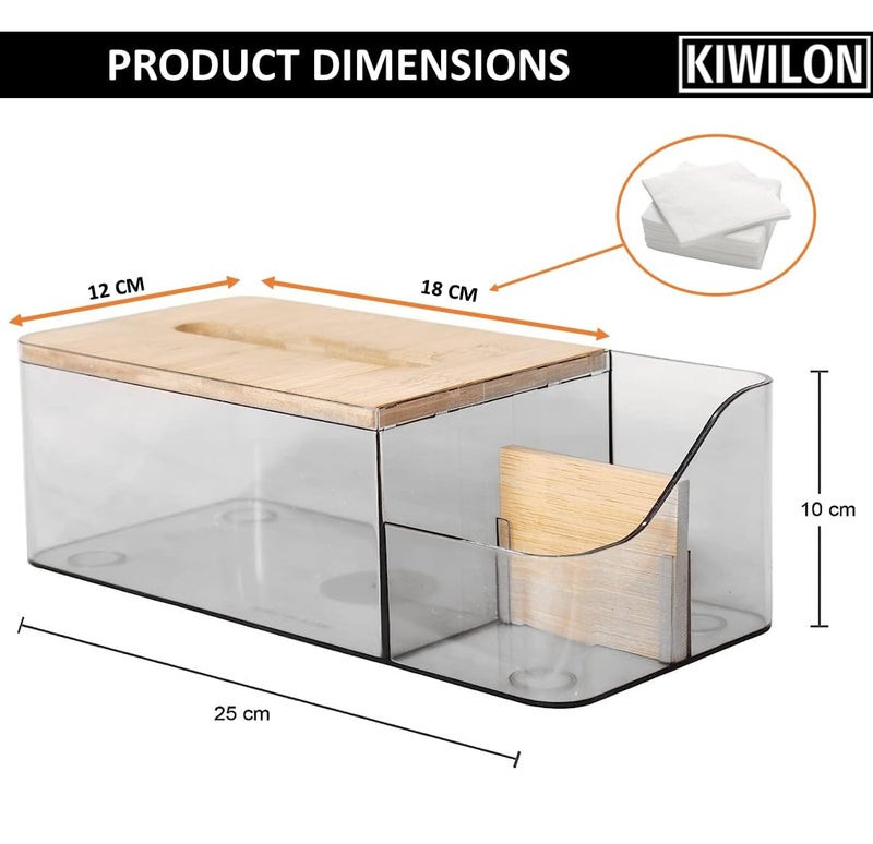 Kiwilon Multi-Purpose Tissue Paper Holder Box - Transparent PET | Comes Up with Remote Holder-Cosmetic Holder and Bamboo Lid | Durable Material Made | Stylish & Modern (Black) - Image 3