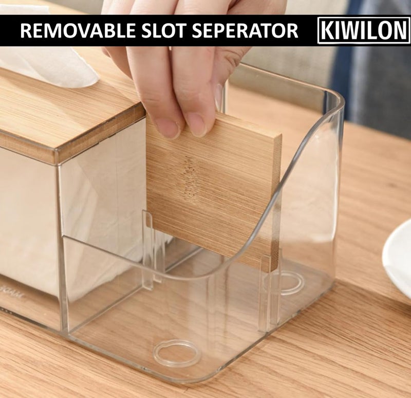 Kiwilon Multi-Purpose Tissue Paper Holder Box - Transparent PET | Comes Up with Remote Holder-Cosmetic Holder and Bamboo Lid | Durable Material Made | Stylish & Modern (Black) - Image 5