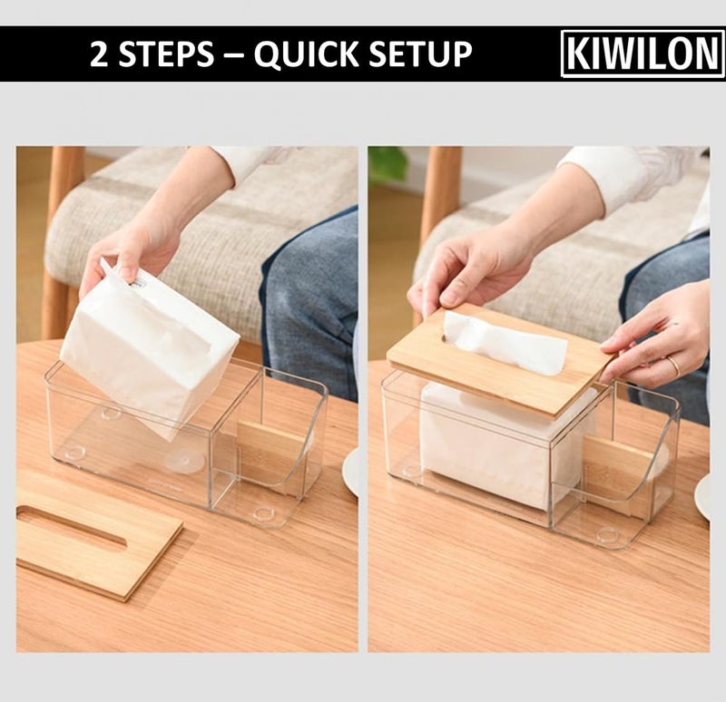 Kiwilon Multi-Purpose Tissue Paper Holder Box - Transparent PET | Comes Up with Remote Holder-Cosmetic Holder and Bamboo Lid | Durable Material Made | Stylish & Modern (Black) - Image 4