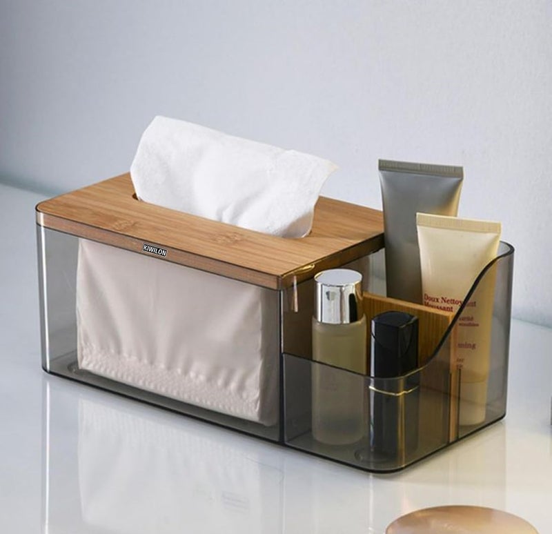 Kiwilon Multi-Purpose Tissue Paper Holder Box - Transparent PET | Comes Up with Remote Holder-Cosmetic Holder and Bamboo Lid | Durable Material Made | Stylish & Modern (Black) - Image 1