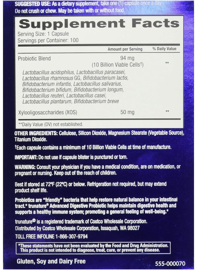 Trunature® ADVANCED Digestive Probiotic with 12 Strains & 100 Capsules