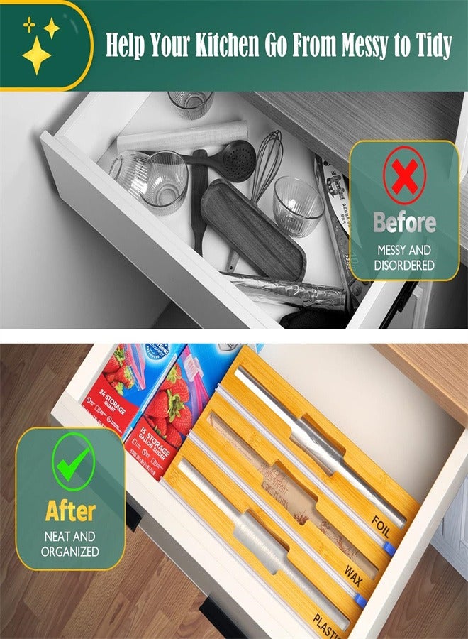 joyzzz 3 in 1 Wrapping Paper Dispenser with Cutter, Plastic Wrap, Aluminum Foil, Parchment and Wax Paper Dispensers for Kitchen Drawers, Bamboo Roll Organizer, Wall Mount Bracket - Image 4