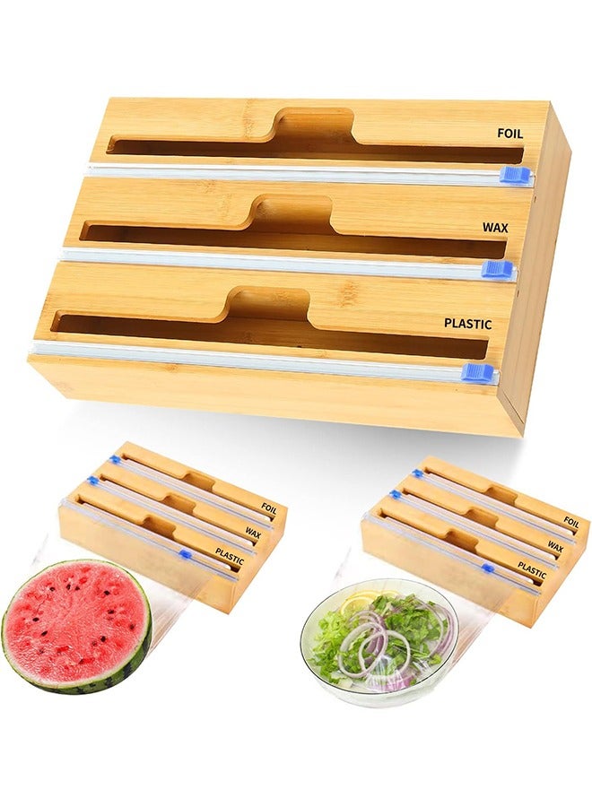 joyzzz 3 in 1 Wrapping Paper Dispenser with Cutter, Plastic Wrap, Aluminum Foil, Parchment and Wax Paper Dispensers for Kitchen Drawers, Bamboo Roll Organizer, Wall Mount Bracket - Image 1