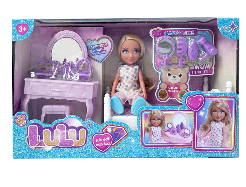 Lulu Doll with Bed and Dresser – 5 Inch Bedroom Series Doll with Dressing Table, Table & Chair Set | Girls Toys 3+ - Image 1