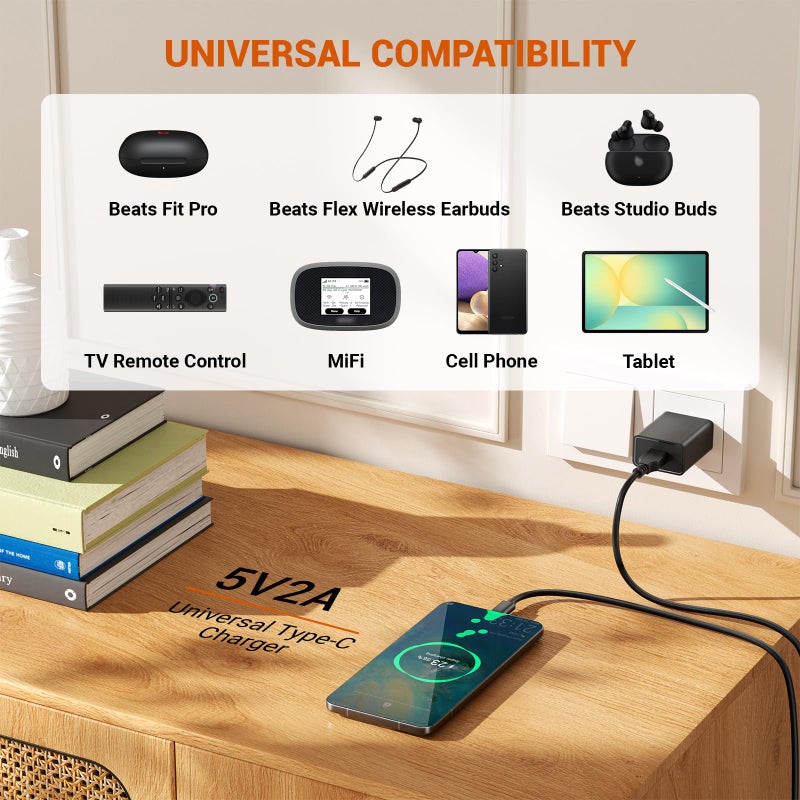 Lnauy Universal 5V 2A Type C Charger - USB C Charging Cable for Beats Flex Headphones, JBL Wireless Bluetooth Earbuds and Other Type-C Supported Device Power Supply Adapter - Image 3