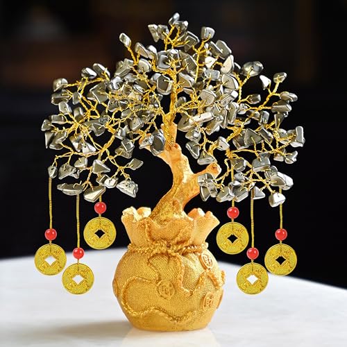 Crocon Pyrite Money Magnet Crystal Tree Golden Potli Base & 6 Feng Shui Coins – Wealth, Protection & Confidence – Vastu Remedy & Feng Shui Gift for Home, Office, Men & Women - Image 1