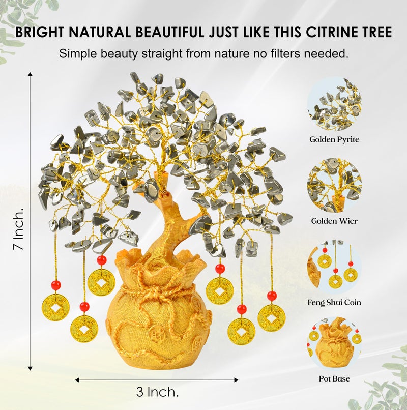 Crocon Pyrite Money Magnet Crystal Tree Golden Potli Base & 6 Feng Shui Coins – Wealth, Protection & Confidence – Vastu Remedy & Feng Shui Gift for Home, Office, Men & Women - Image 2